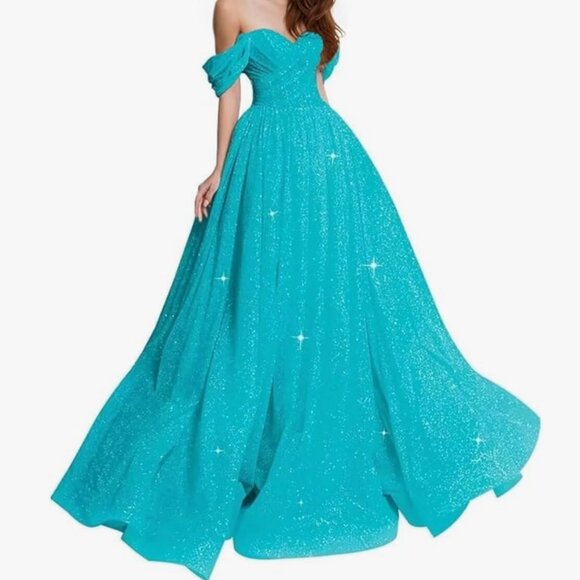 Teal Off The Shoulder Prom Dress Size 6 - Picture 1 of 3
